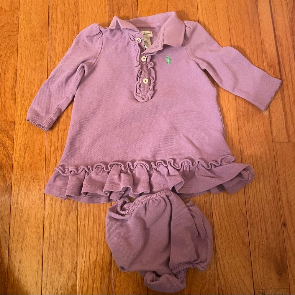 Purple Lavender Ralph Lauren Baby long sleeve dress and bloomer. 9 month size.